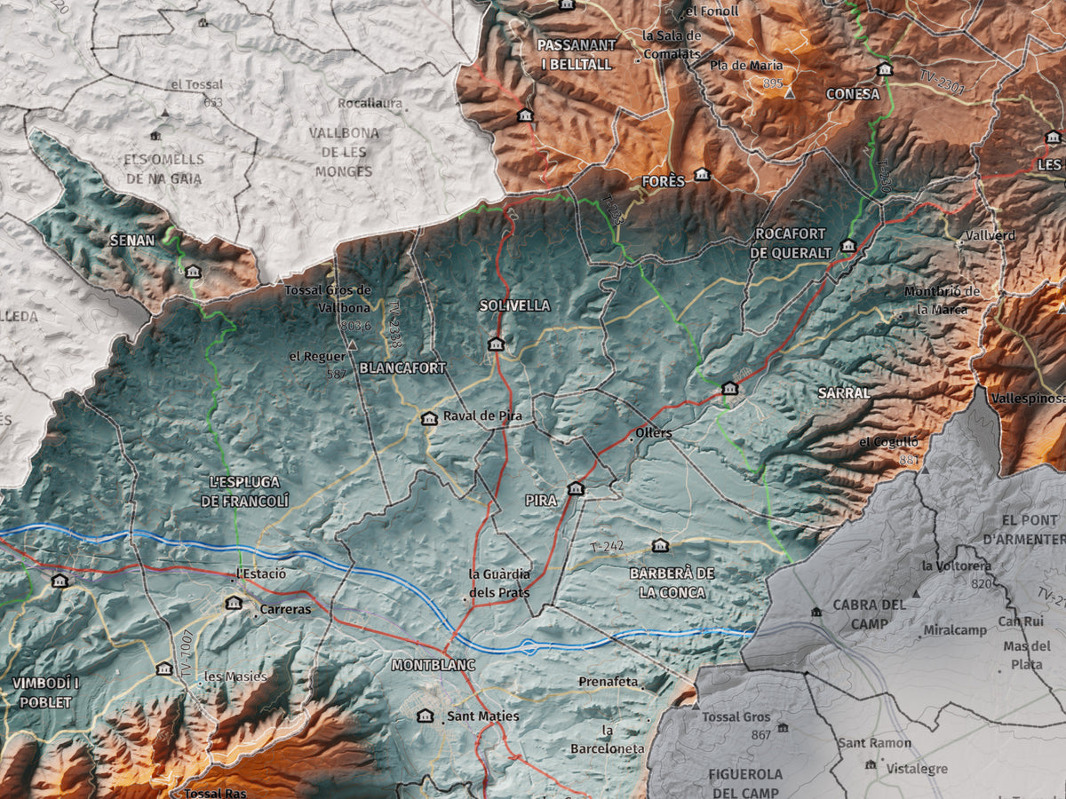 Mapa de relieve de la Conca de Barberà, con el territorio en color y el entorno en blanco. Detalle de la zona central. 30 × 40 cm. Estilo Azul y naranja.