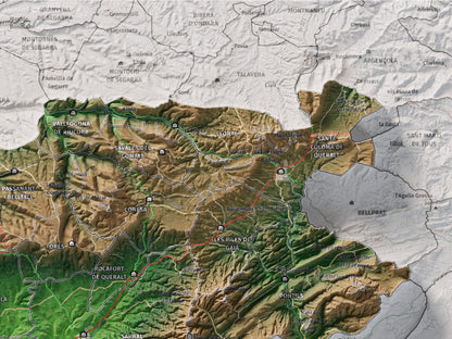 Mapa de relieve de la Conca de Barberà, con el territorio en color y el entorno en blanco. Detalle de la zona superior derecha. 30 × 40 cm. Estilo Clásico.