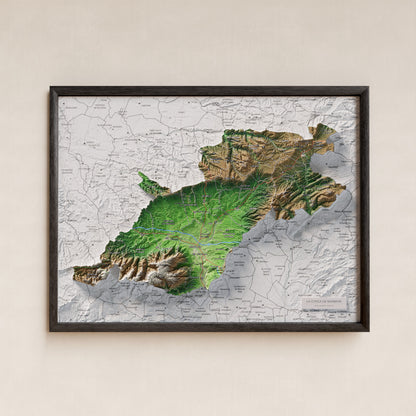 Mapa de relieve de la Conca de Barberà, con el territorio en color y el entorno en blanco. Presentación con marco. 30 × 40 cm. Estilo Clásico.