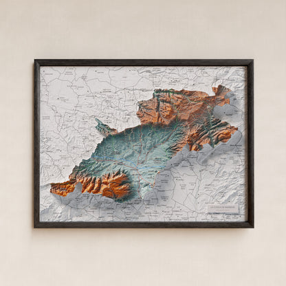 Mapa de relieve de la Conca de Barberà, con el territorio en color y el entorno en blanco. Presentación con marco. 30 × 40 cm. Estilo Azul y naranja.