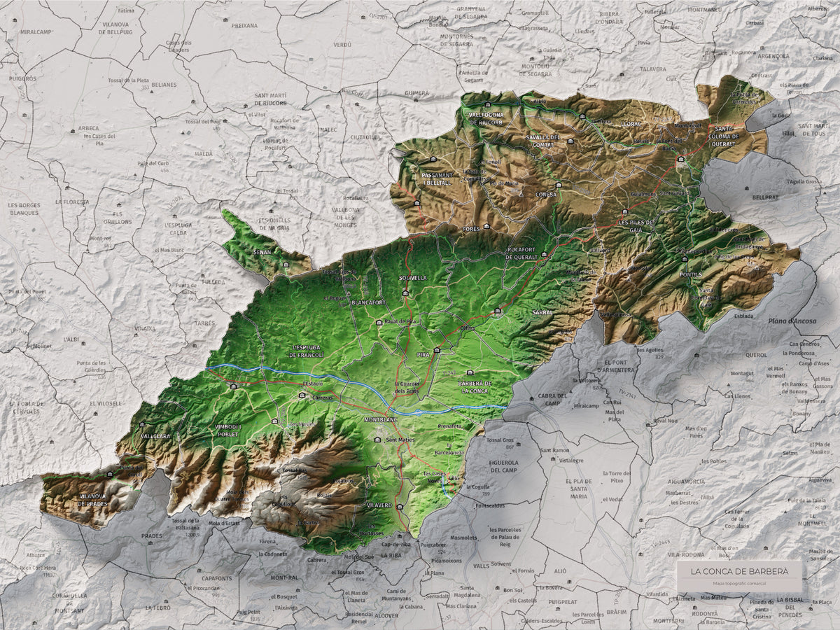 Mapa de relieve de la Conca de Barberà, con el territorio en color y el entorno en blanco. Vista completa de la lámina. 30 × 40 cm. Estilo Clásico.
