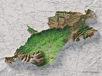 Mapa de relieve de la Conca de Barberà, con el territorio en color y el entorno en blanco. Vista completa de la lámina. 30 × 40 cm. Estilo Clásico.