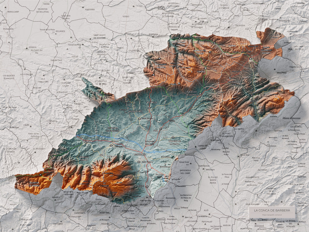 Mapa de relieve de la Conca de Barberà, con el territorio en color y el entorno en blanco. Vista completa de la lámina. 30 × 40 cm. Estilo Azul y naranja.