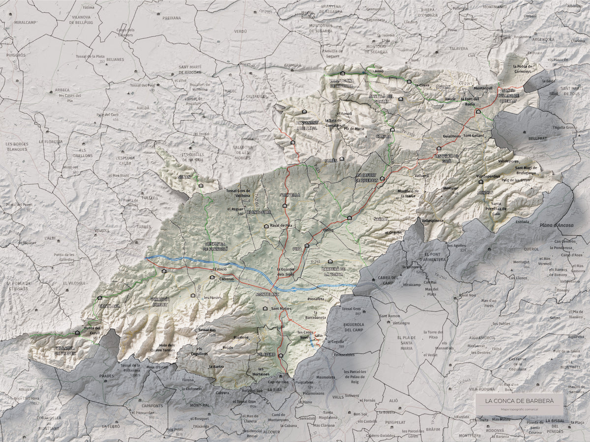 Mapa de relieve de la Conca de Barberà, con el territorio en color y el entorno en blanco. Vista completa de la lámina. 30 × 40 cm. Estilo Cartográfico.