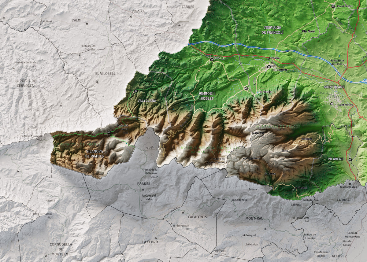Mapa de relieve de la Conca de Barberà, con el territorio en color y el entorno en blanco. Detalle de la zona inferior izquierda. 50 × 70 cm. Estilo Clásico.
