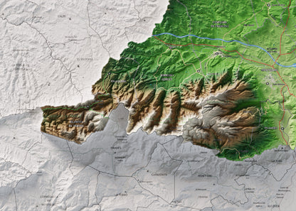 Mapa de relieve de la Conca de Barberà, con el territorio en color y el entorno en blanco. Detalle de la zona inferior izquierda. 50 × 70 cm. Estilo Clásico.