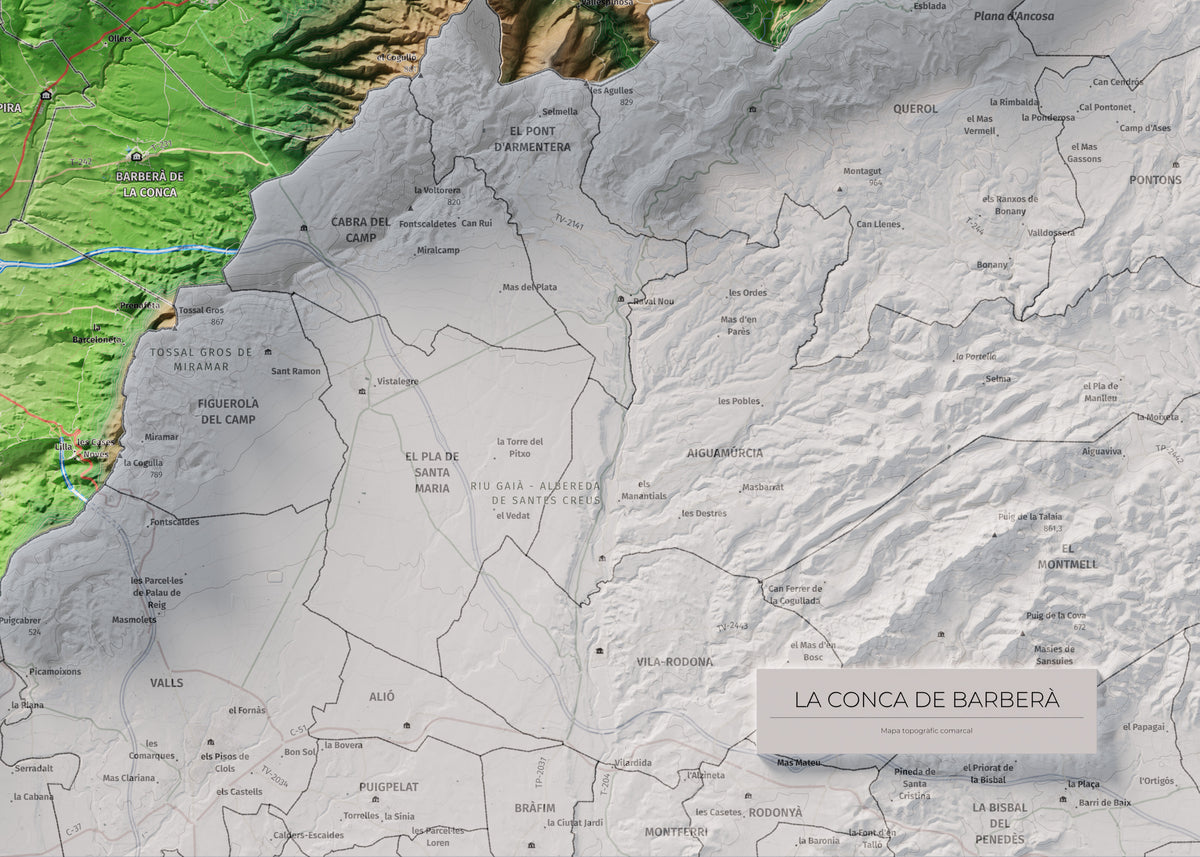 Mapa de relieve de la Conca de Barberà, con el territorio en color y el entorno en blanco. Detalle de la zona inferior derecha. 50 × 70 cm. Estilo Clásico.