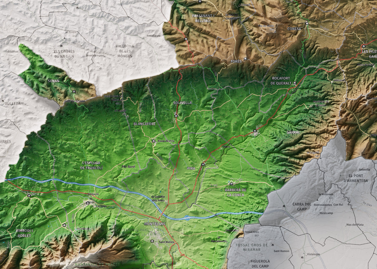 Mapa de relieve de la Conca de Barberà, con el territorio en color y el entorno en blanco. Detalle de la zona central. 50 × 70 cm. Estilo Clásico.