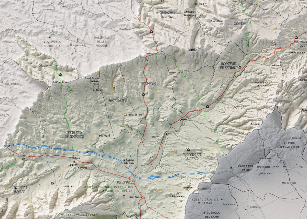 Mapa de relieve de la Conca de Barberà, con el territorio en color y el entorno en blanco. Detalle de la zona central. 50 × 70 cm. Estilo Cartográfico.