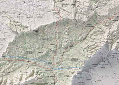 Mapa de relieve de la Conca de Barberà, con el territorio en color y el entorno en blanco. Detalle de la zona central. 50 × 70 cm. Estilo Cartográfico.