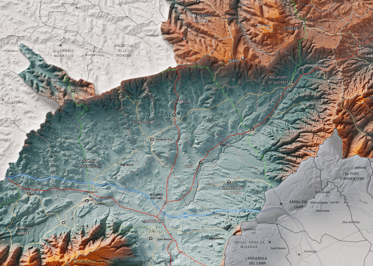 Mapa de relieve de la Conca de Barberà, con el territorio en color y el entorno en blanco. Detalle de la zona central. 50 × 70 cm. Estilo Azul y naranja.