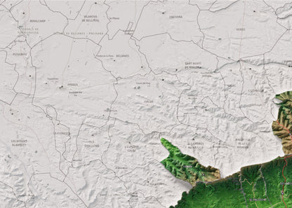 Mapa de relieve de la Conca de Barberà, con el territorio en color y el entorno en blanco. Detalle de la zona superior izquierda. 50 × 70 cm. Estilo Clásico.