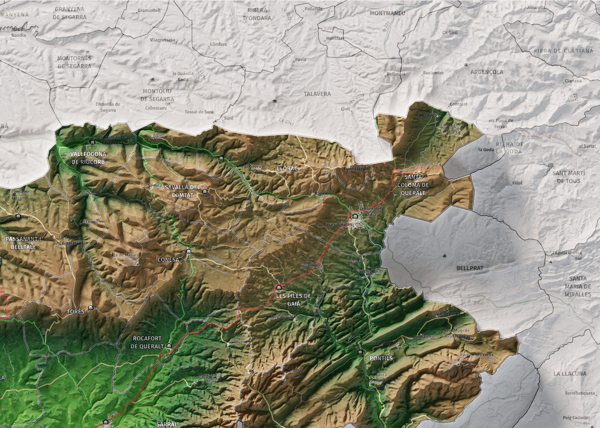 Mapa de relieve de la Conca de Barberà, con el territorio en color y el entorno en blanco. Detalle de la zona superior derecha. 50 × 70 cm. Estilo Clásico.