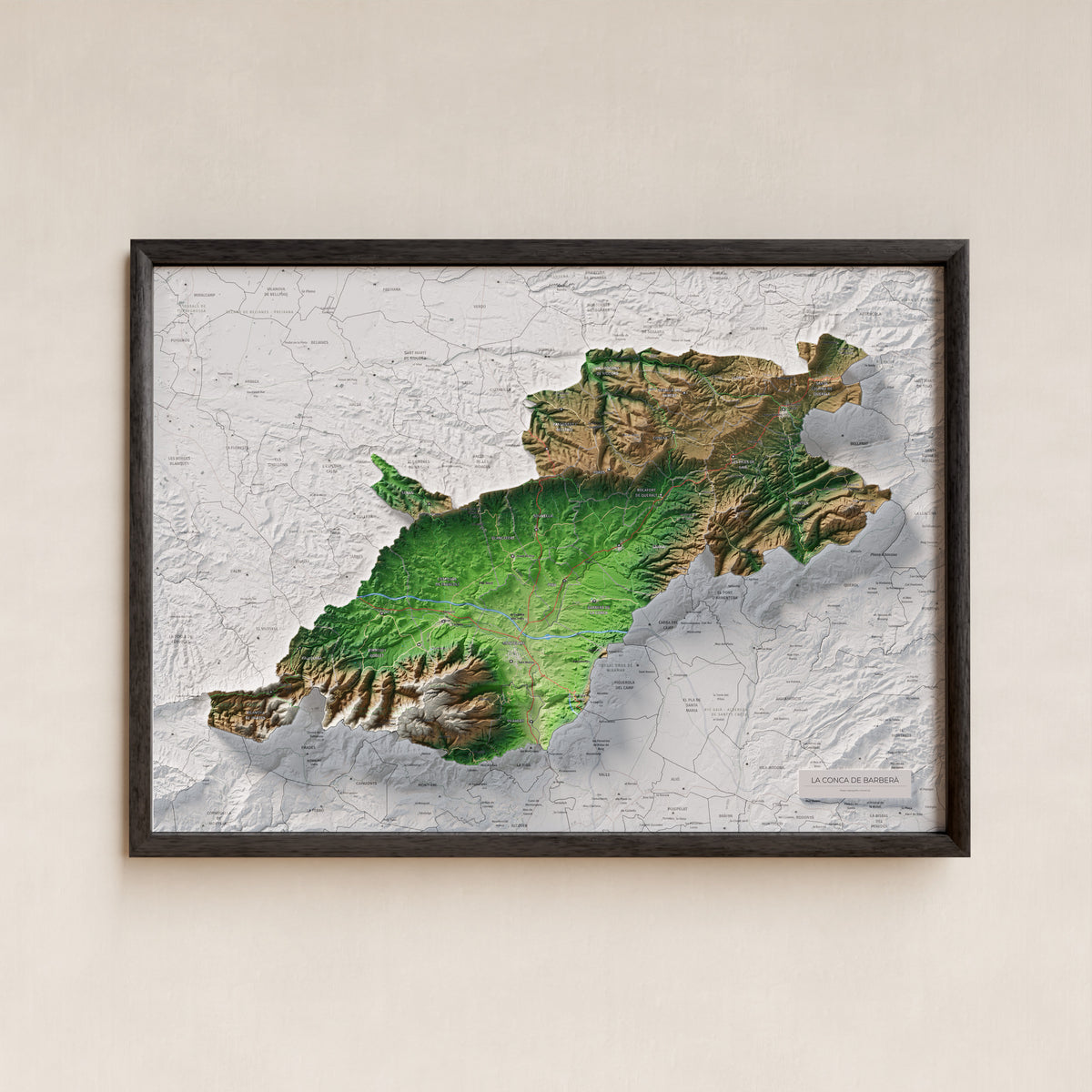 Mapa de relieve de la Conca de Barberà, con el territorio en color y el entorno en blanco. Presentación con marco. 50 × 70 cm. Estilo Clásico.