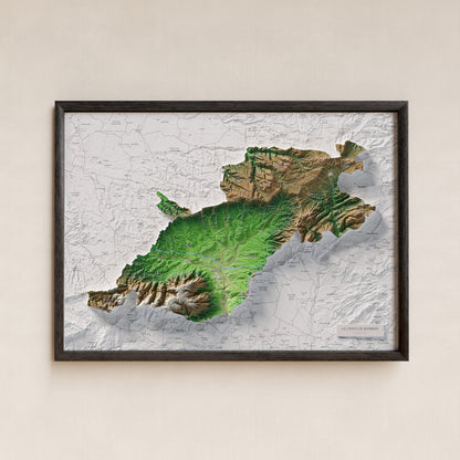 Mapa de relieve de la Conca de Barberà, con el territorio en color y el entorno en blanco. Presentación con marco. 50 × 70 cm. Estilo Clásico.