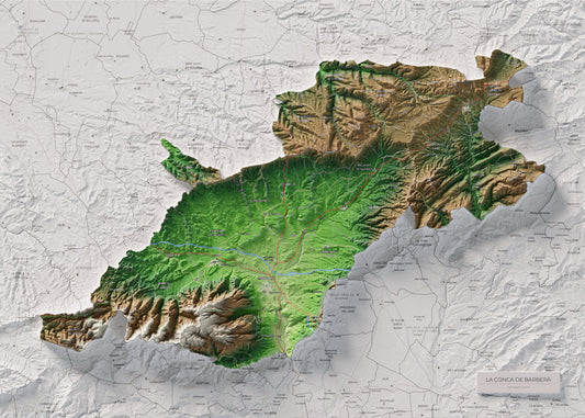 Mapa de relieve de la Conca de Barberà, con el territorio en color y el entorno en blanco. Vista completa de la lámina. 50 × 70 cm. Estilo Clásico.