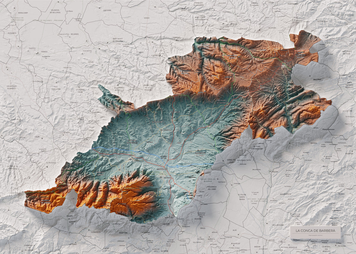 Mapa de relieve de la Conca de Barberà, con el territorio en color y el entorno en blanco. Vista completa de la lámina. 50 × 70 cm. Estilo Azul y naranja.