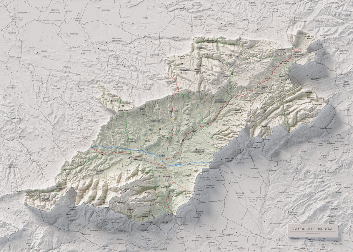 Mapa de relieve de la Conca de Barberà, con el territorio en color y el entorno en blanco. Vista completa de la lámina. 50 × 70 cm. Estilo Cartográfico.