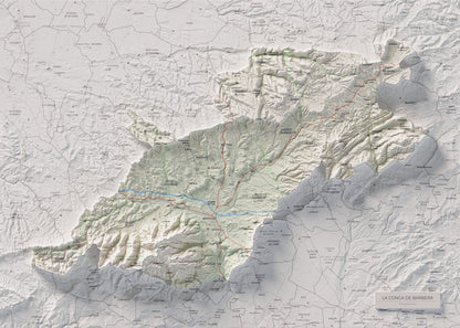 Mapa de relieve de la Conca de Barberà, con el territorio en color y el entorno en blanco. Vista completa de la lámina. 50 × 70 cm. Estilo Cartográfico.