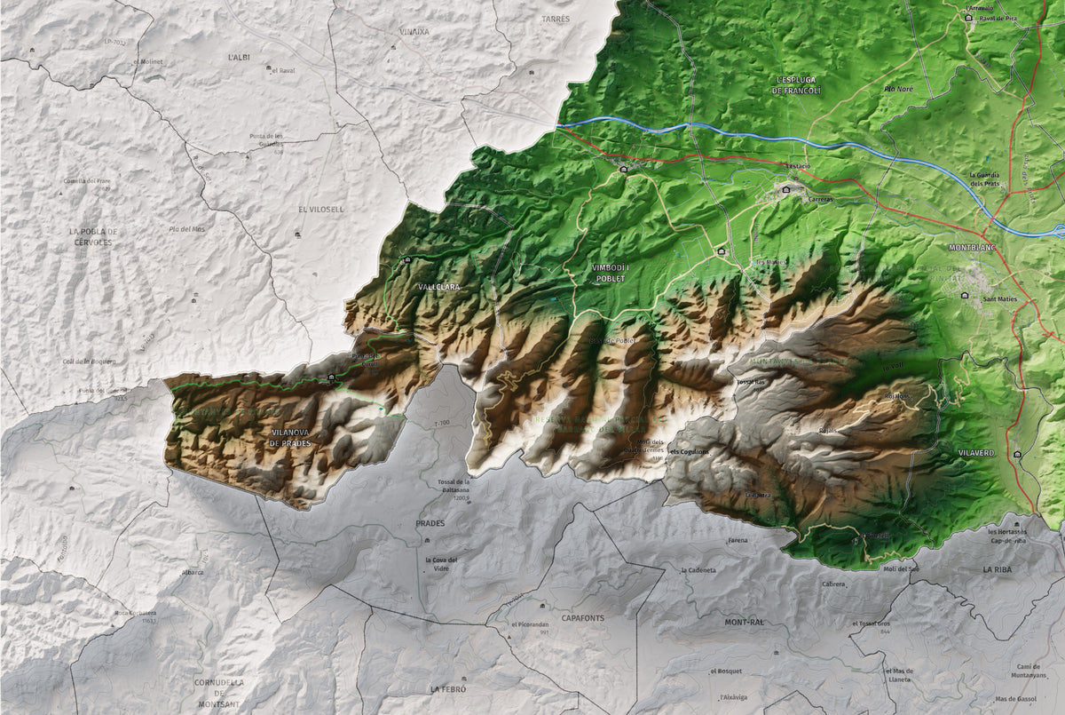 Mapa de relieve de la Conca de Barberà, con el territorio en color y el entorno en blanco. Detalle de la zona inferior izquierda. 61 × 91 cm. Estilo Clásico.