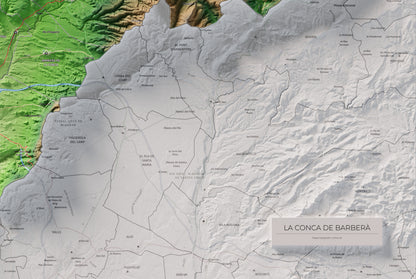 Mapa de relieve de la Conca de Barberà, con el territorio en color y el entorno en blanco. Detalle de la zona inferior derecha. 61 × 91 cm. Estilo Clásico.