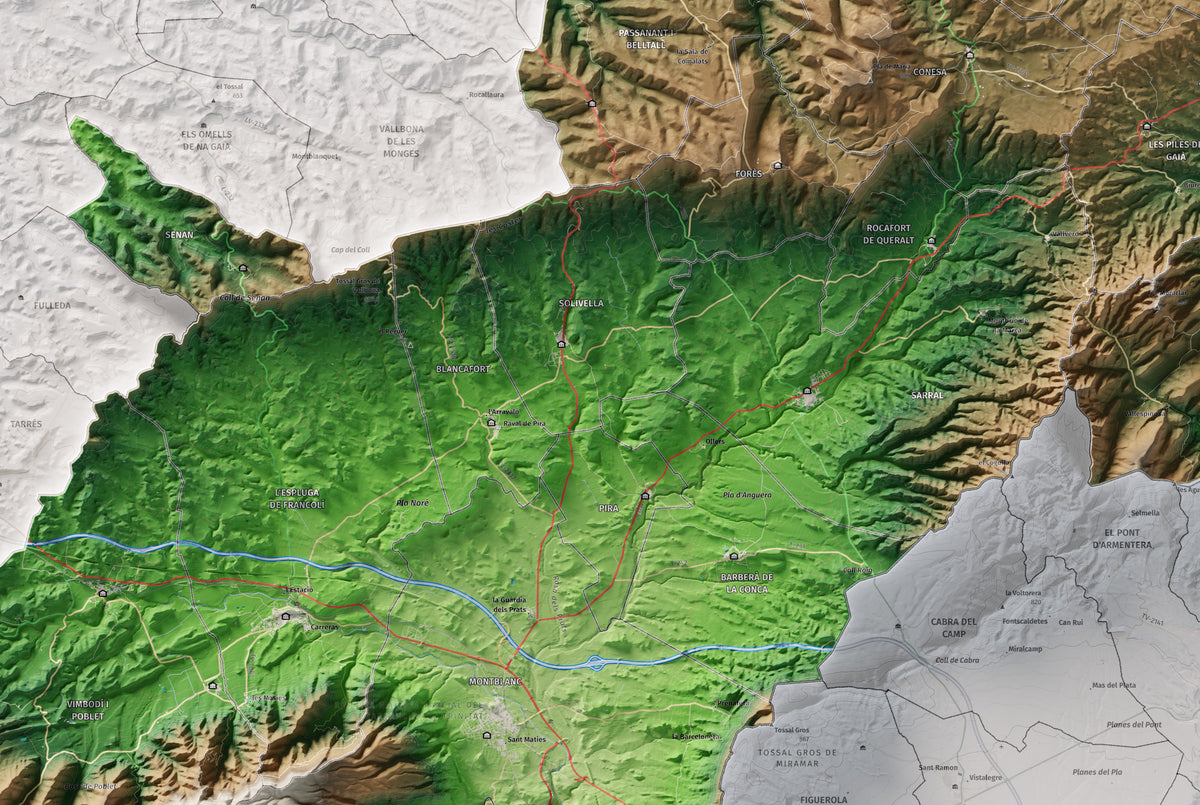 Mapa de relieve de la Conca de Barberà, con el territorio en color y el entorno en blanco. Detalle de la zona central. 61 × 91 cm. Estilo Clásico.