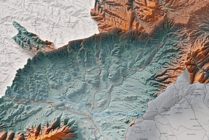 Mapa de relieve de la Conca de Barberà, con el territorio en color y el entorno en blanco. Detalle de la zona central. 61 × 91 cm. Estilo Azul y naranja.