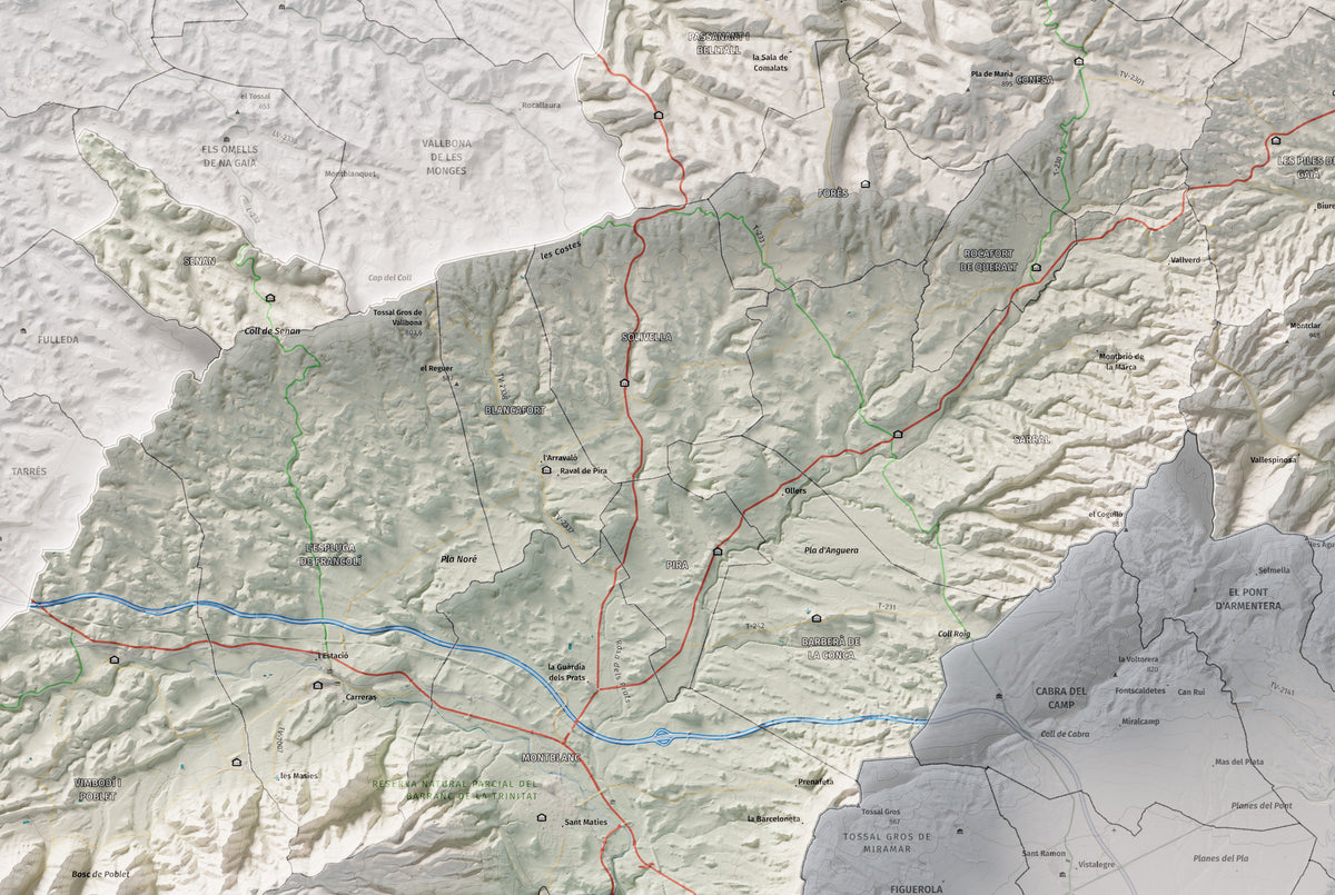 Mapa de relieve de la Conca de Barberà, con el territorio en color y el entorno en blanco. Detalle de la zona central. 61 × 91 cm. Estilo Cartográfico.