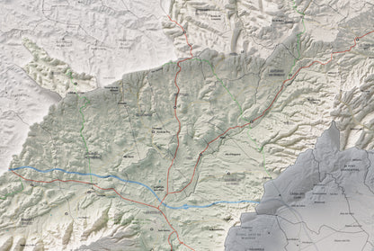 Mapa de relieve de la Conca de Barberà, con el territorio en color y el entorno en blanco. Detalle de la zona central. 61 × 91 cm. Estilo Cartográfico.