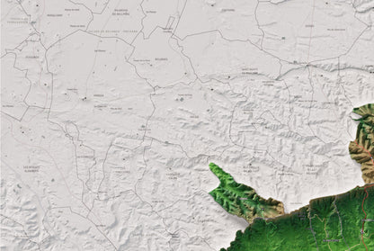 Mapa de relieve de la Conca de Barberà, con el territorio en color y el entorno en blanco. Detalle de la zona superior izquierda. 61 × 91 cm. Estilo Clásico.