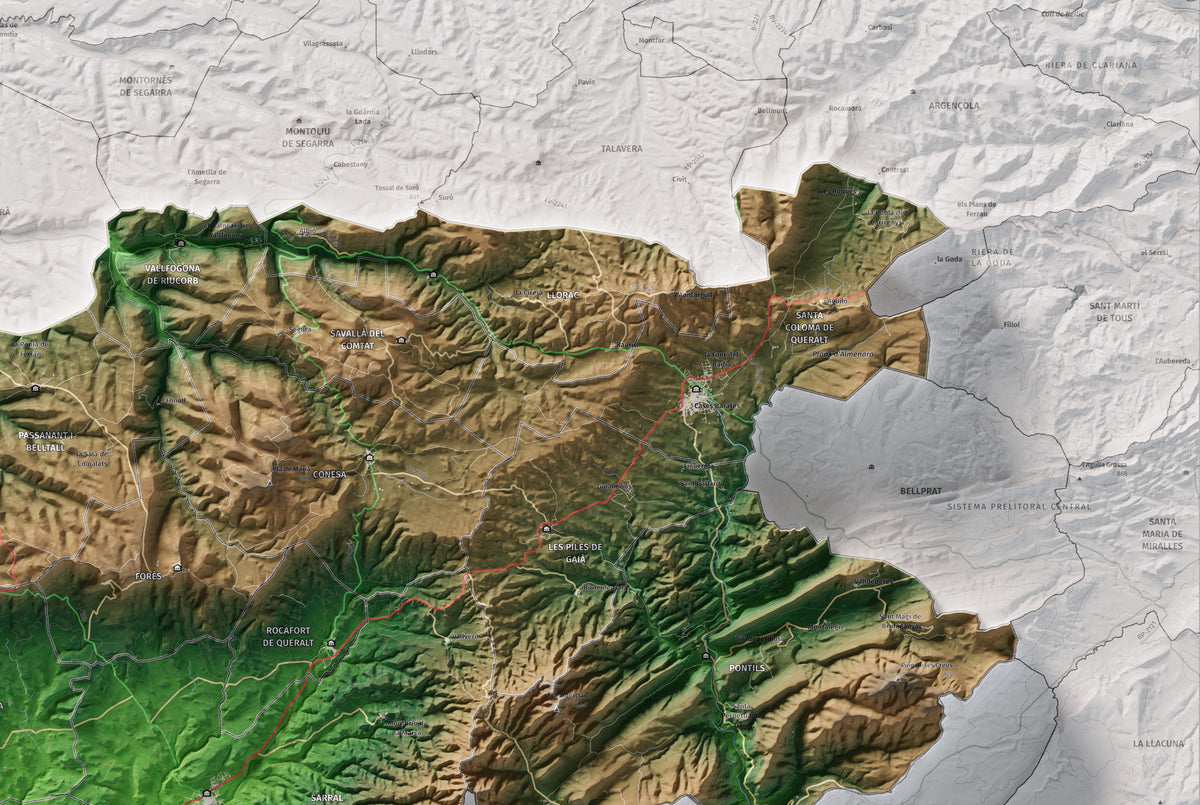 Mapa de relieve de la Conca de Barberà, con el territorio en color y el entorno en blanco. Detalle de la zona superior derecha. 61 × 91 cm. Estilo Clásico.