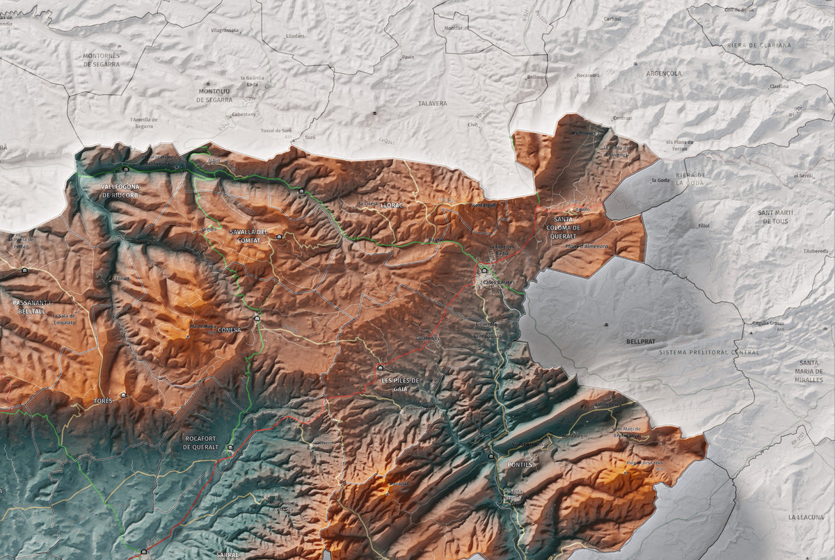 Mapa de relieve de la Conca de Barberà, con el territorio en color y el entorno en blanco. Detalle de la zona superior derecha. 61 × 91 cm. Estilo Azul y naranja.