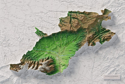 Mapa de relieve de la Conca de Barberà, con el territorio en color y el entorno en blanco. Vista completa de la lámina. 61 × 91 cm. Estilo Clásico.