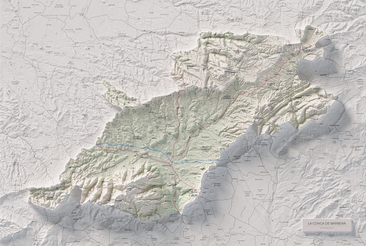 Mapa de relieve de la Conca de Barberà, con el territorio en color y el entorno en blanco. Vista completa de la lámina. 61 × 91 cm. Estilo Cartográfico.