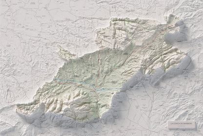 Mapa de relieve de la Conca de Barberà, con el territorio en color y el entorno en blanco. Vista completa de la lámina. 61 × 91 cm. Estilo Cartográfico.