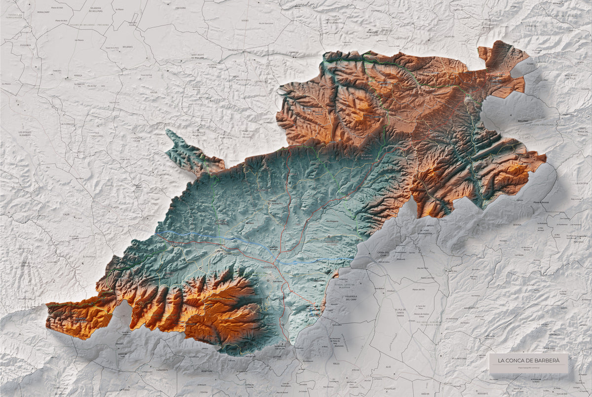 Mapa de relieve de la Conca de Barberà, con el territorio en color y el entorno en blanco. Vista completa de la lámina. 61 × 91 cm. Estilo Azul y naranja.