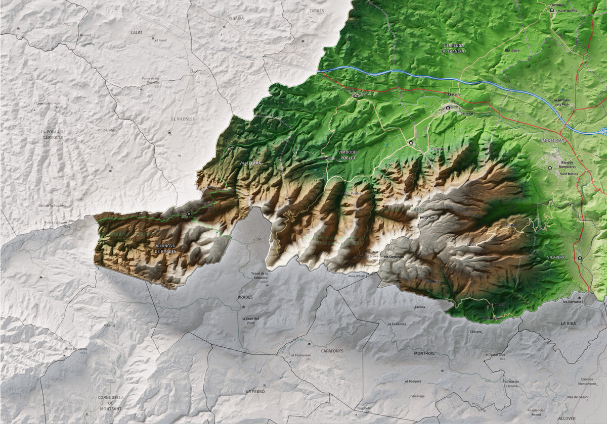 Mapa de relieve de la Conca de Barberà, con el territorio en color y el entorno en blanco. Detalle de la zona inferior izquierda. 70 × 100 cm. Estilo Clásico.