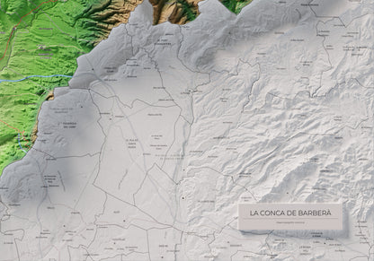 Mapa de relieve de la Conca de Barberà, con el territorio en color y el entorno en blanco. Detalle de la zona inferior derecha. 70 × 100 cm. Estilo Clásico.