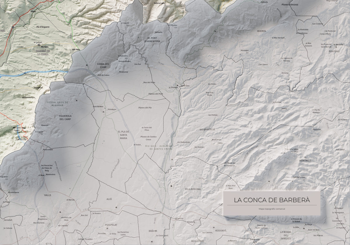 Mapa de relieve de la Conca de Barberà, con el territorio en color y el entorno en blanco. Detalle de la zona inferior derecha. 70 × 100 cm. Estilo Cartográfico.