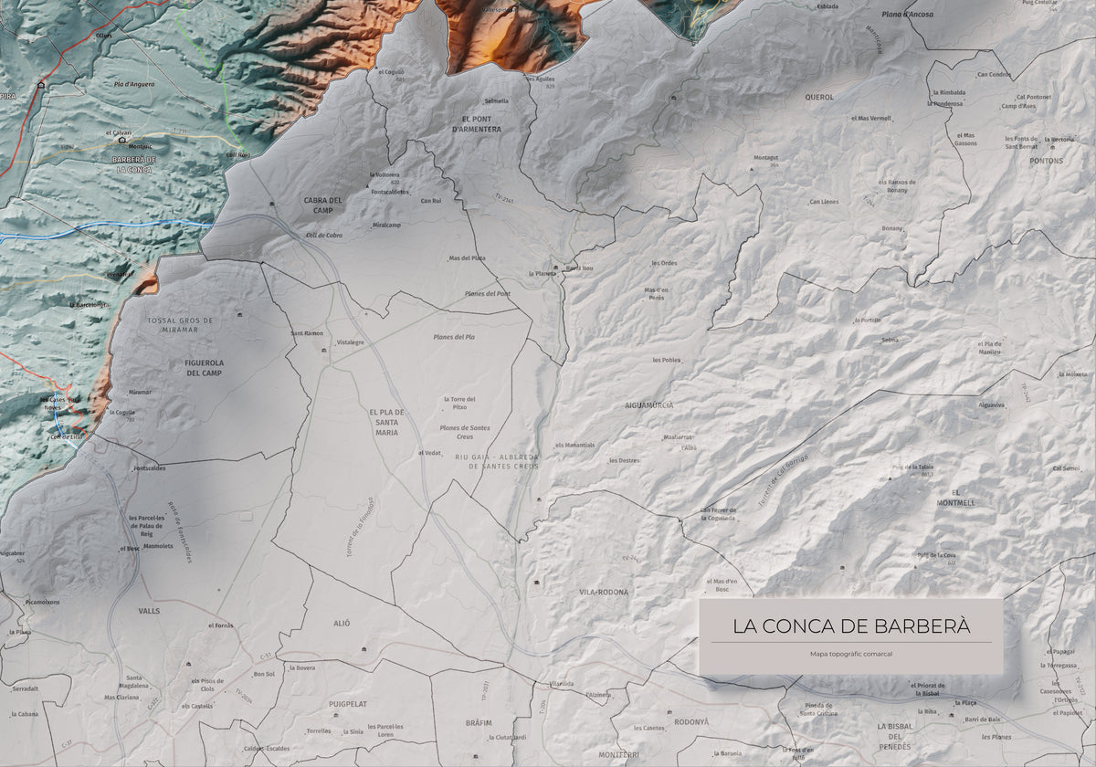 Mapa de relieve de la Conca de Barberà, con el territorio en color y el entorno en blanco. Detalle de la zona inferior derecha. 70 × 100 cm. Estilo Azul y naranja.