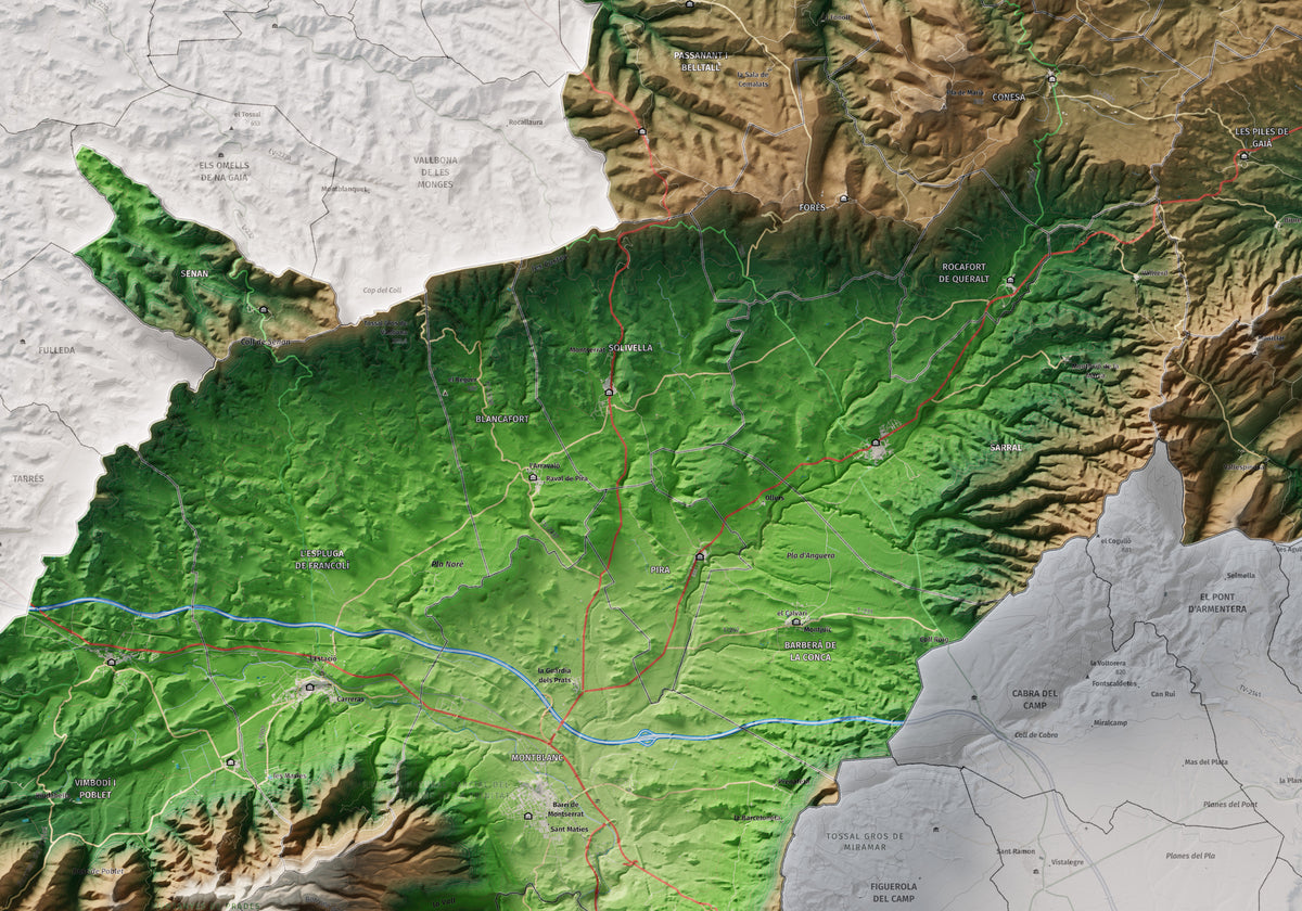 Mapa de relieve de la Conca de Barberà, con el territorio en color y el entorno en blanco. Detalle de la zona central. 70 × 100 cm. Estilo Clásico.