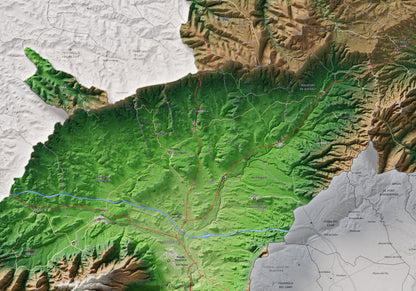 Mapa de relieve de la Conca de Barberà, con el territorio en color y el entorno en blanco. Detalle de la zona central. 70 × 100 cm. Estilo Clásico.