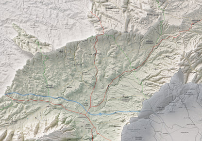 Mapa de relieve de la Conca de Barberà, con el territorio en color y el entorno en blanco. Detalle de la zona central. 70 × 100 cm. Estilo Cartográfico.