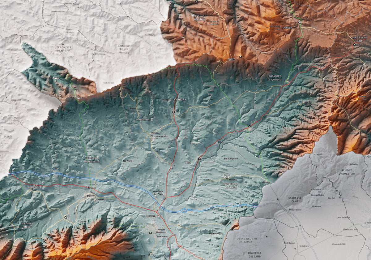 Mapa de relieve de la Conca de Barberà, con el territorio en color y el entorno en blanco. Detalle de la zona central. 70 × 100 cm. Estilo Azul y naranja.