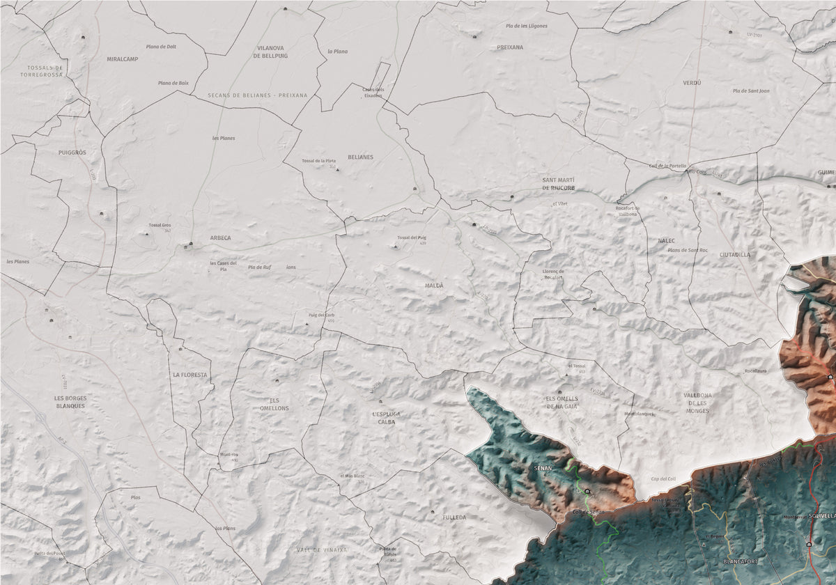 Mapa de relieve de la Conca de Barberà, con el territorio en color y el entorno en blanco. Detalle de la zona superior izquierda. 70 × 100 cm. Estilo Azul y naranja.