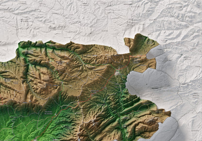 Mapa de relieve de la Conca de Barberà, con el territorio en color y el entorno en blanco. Detalle de la zona superior derecha. 70 × 100 cm. Estilo Clásico.
