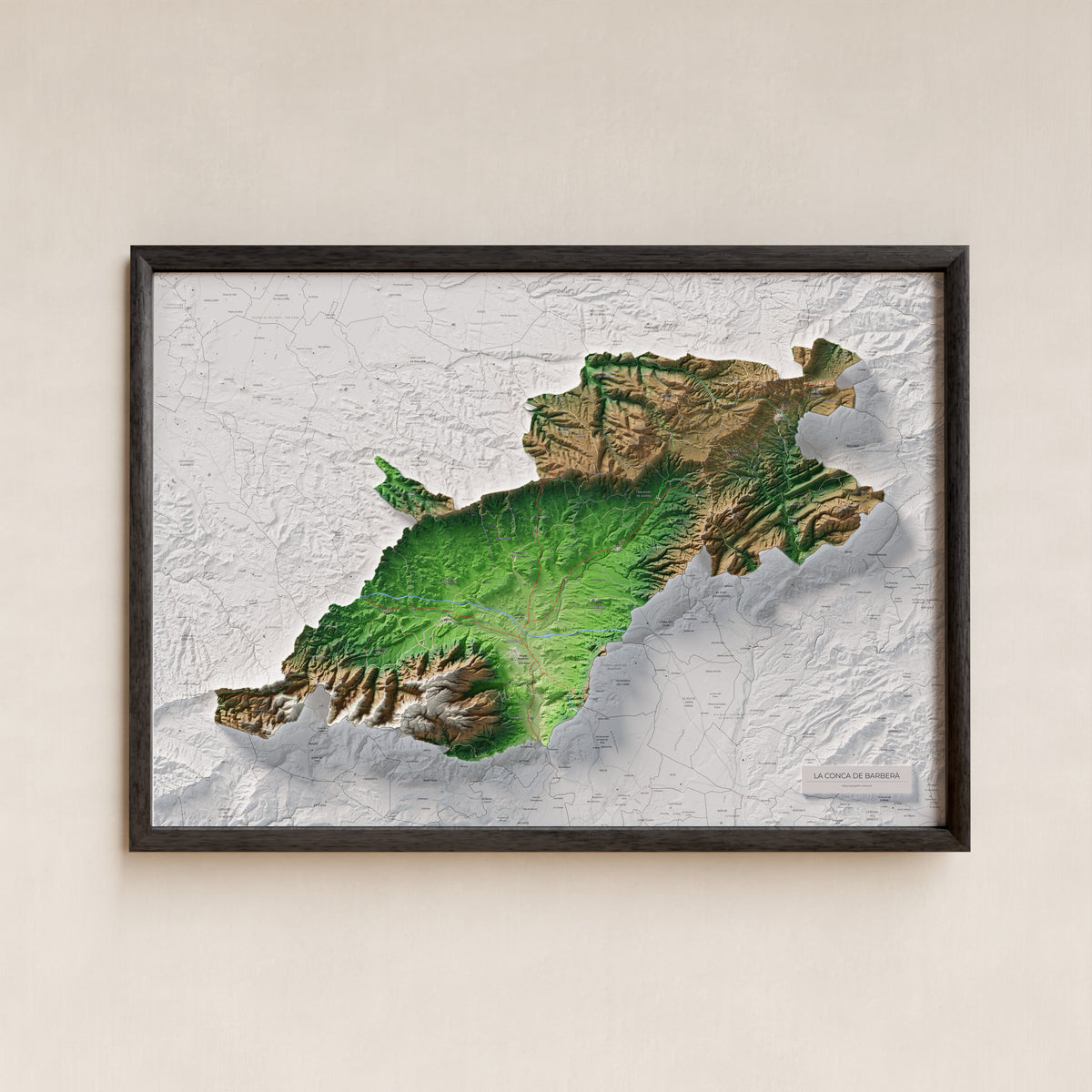 Mapa de relieve de la Conca de Barberà, con el territorio en color y el entorno en blanco. Presentación con marco. 70 × 100 cm. Estilo Clásico.