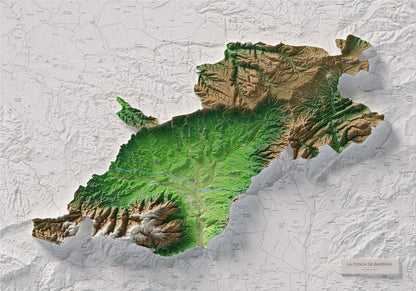 Mapa de relieve de la Conca de Barberà, con el territorio en color y el entorno en blanco. Vista completa de la lámina. 70 × 100 cm. Estilo Clásico.