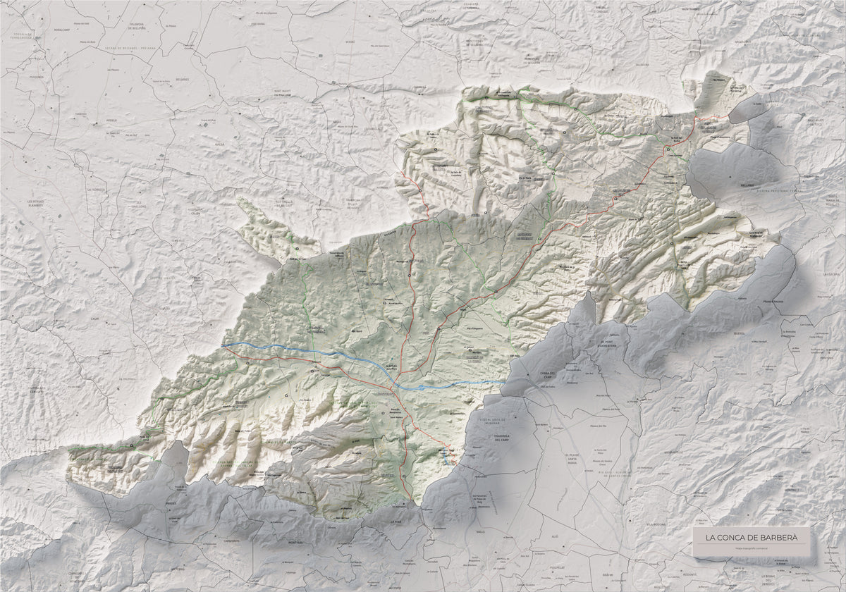 Mapa de relieve de la Conca de Barberà, con el territorio en color y el entorno en blanco. Vista completa de la lámina. 70 × 100 cm. Estilo Cartográfico.