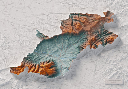 Mapa de relieve de la Conca de Barberà, con el territorio en color y el entorno en blanco. Vista completa de la lámina. 70 × 100 cm. Estilo Azul y naranja.
